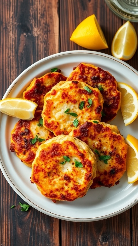Crispy air fryer salmon patties on a plate with herbs and lemon wedges.